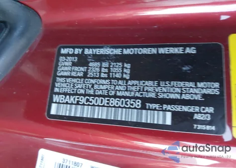 2013 BMW 335I xDrive из США, поврежденный, VIN WBAKF9C50DE860358